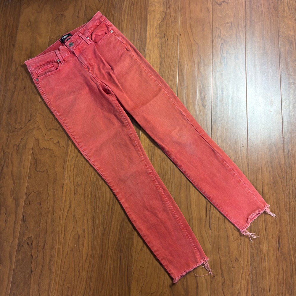 PAIGE Hoxton Ankle Raw Hem Skinny Jeans Coral Red Size 26